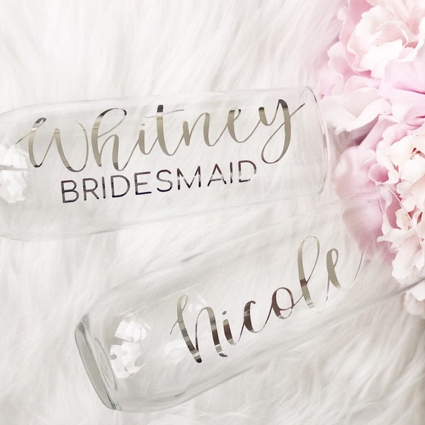 Silver bridesmaid champagne flutes - personalized champagne glass- gift for bridesmaid - bridesmaid proposal champagne flute - stemless