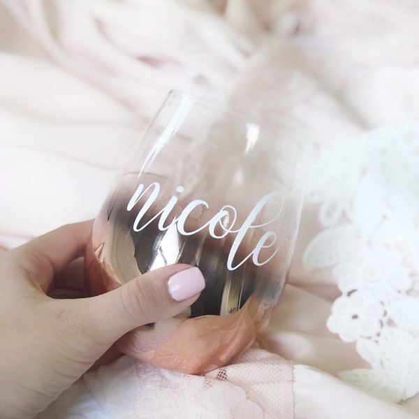 Personalized bridesmaid wine glasses- OMBRE rose gold wine glass- bridesmaid proposal box- gifts for bridal party wine stemless wine tumbler