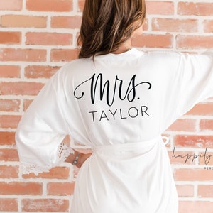 White lace satin bride robe- bridal getting ready robe- personalized wedding day robe bride to be- gift for bride- mrs robe bridal shower