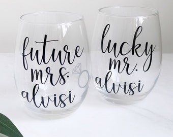 Personalized future mrs lucky mr wine glass set- mr and mrs wine glasses- his and hers wine tumblers- wifey and hubby wine glass- engagement