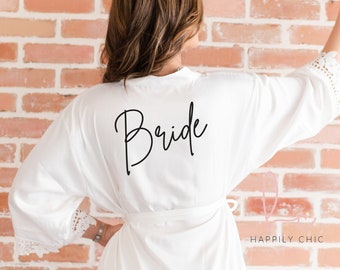 White lace satin bride robe- bridal getting ready robe- personalized wedding day robe for bride to be- gift for bride- silk mrs robe shower