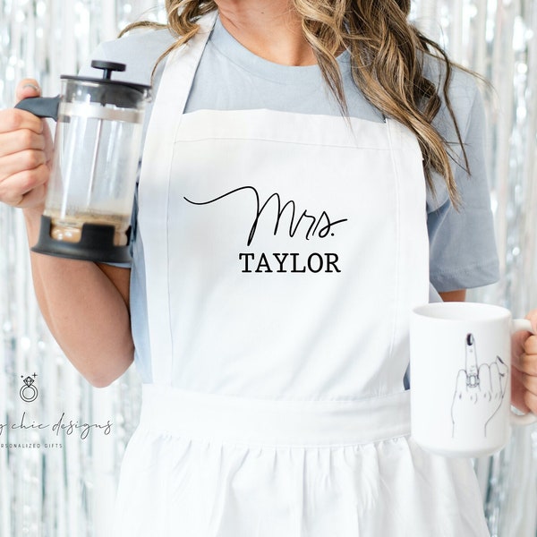 bride custom apron- mrs apron- kitchen bridal shower gift idea- personalized custom ruffle apron for bride to be future mrs wifey wedding