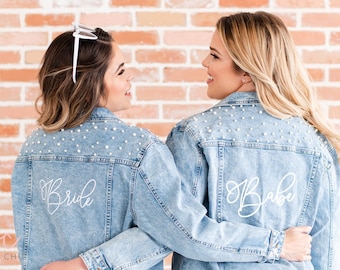 Bridal party jean jacket - personalized custom denim jacket- pearl jean jacket bridesmaid wifey- engagement gift- bachelorette party jackets