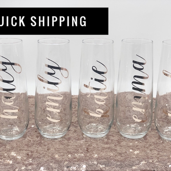 Rose gold bridesmaid champagne flutes- bridesmaid gift- personalized champagne flute- bridemaid proposal- glass champagne custom for bridal