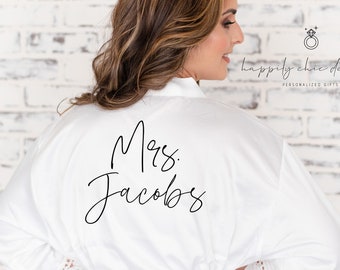 White lace satin bride robe- bridal getting ready robe- personalized wedding day robe bride to be- gift for bride- mrs robe bridal shower