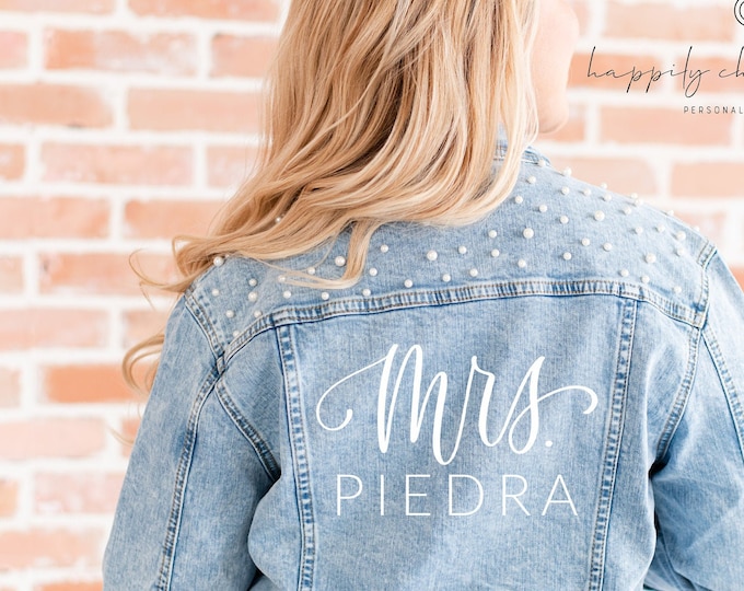 Featured listing image: mrs Bride jean jacket - personalized custom denim jacket - pearl jean jacket future mrs gift- engagement gift- bridal shower bachelorette