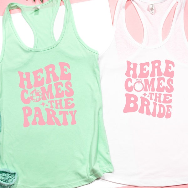 Here comes the bride/party- bridesmaid tank tops- bachelorette party shirts- brides babes tribe- retro i do crew racerback disco theme