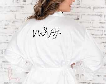 White lace satin bride robe- bridal getting ready robe- personalized wedding day robe for bride to be- gift for bride- silk mrs robe shower