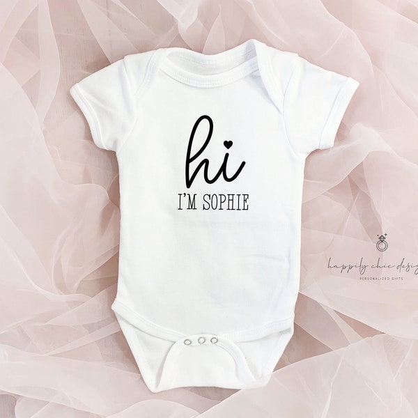 Hi im new here Baby name announcement body suit- pregnancy reveal idea -personalized baby boy girl shirt- baby shower gender reveal