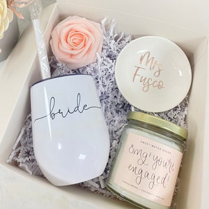 Bride ring finger gift set- future mrs engagement gift box idea for bride to be- bridal gift box set- tumbler ring dish engaged af fiancee