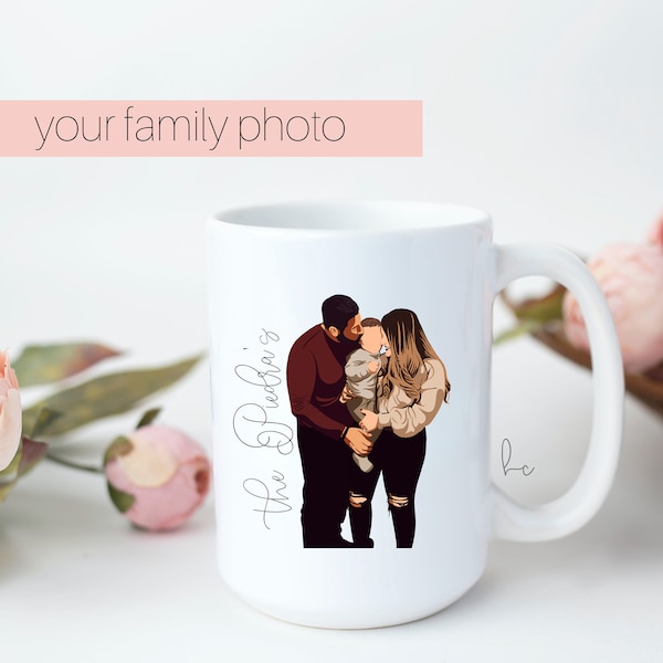 your family photo custom mug- family drawing photo- faceless couple wedding portrait couple- family portrait mug- family illustration father