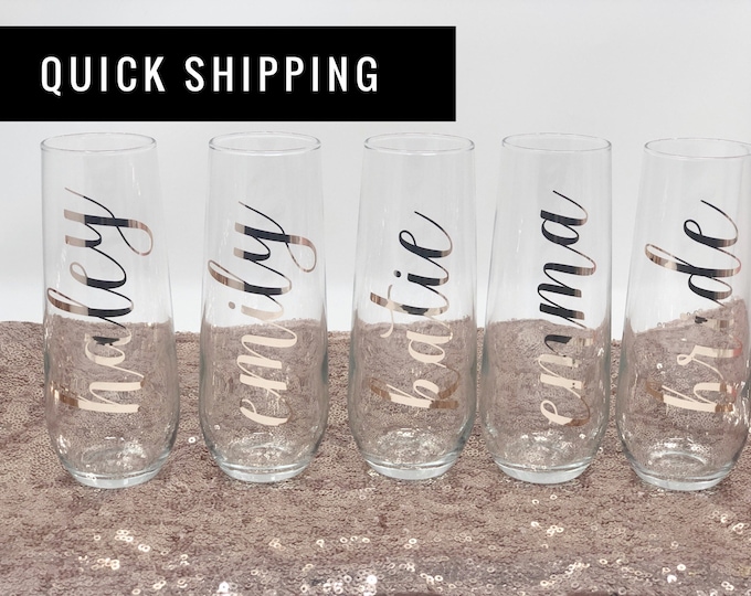 Featured listing image: Rose gold bridesmaid champagne flutes- bridesmaid gift- personalized champagne flute- bridemaid proposal- glass champagne custom for bridal