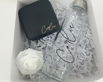 Bridesmaid proposal gift box set - personalized glass water bottles - maid of honor gifts- travel size jewelry box - bridesmaid tumbler