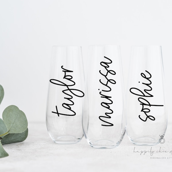 Bridesmaid champagne flutes- personalized champagne glasses- stemless champagne flutes for bridal party- gifts for bridesmaid proposal idea-