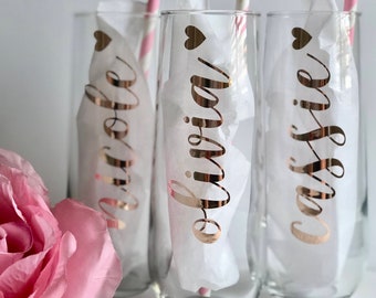 rose gold champagne flutes- bridesmaid champagne flutes- bridesmaid proposal idea- bridesmaid gift- champagne glasses- personalized champagn