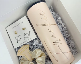 Bridesmaid Gift bridal party gift box proposal idea Tumbler gold knot earrings maid of honor jewelry wedding day mother of the bride groom
