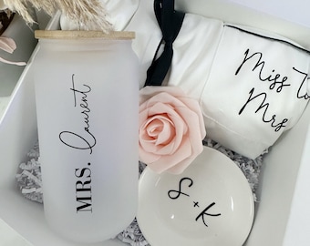 Bride ice coffee cup pajamas PJ future mrs gift box set- engagement gift idea for couples wedding day bride groom ring dish bridal gifts