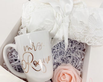 Bride robe gift box set- engagement box- bride white satin robe future mrs mug - bridal box for bride to be- wedding day basket-just engaged