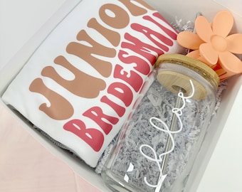 Junior jr bridesmaid proposal box gift idea- junior bridesmaid shirt flower hair clip glass can cup personalized bridal party flower girl