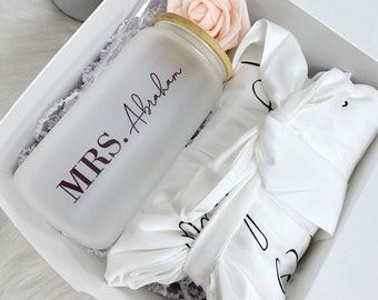 Bride gift box set- engagement gift idea- bride white satin robe coffee cup - gift for future Mrs box- wedding day bridal just engaged