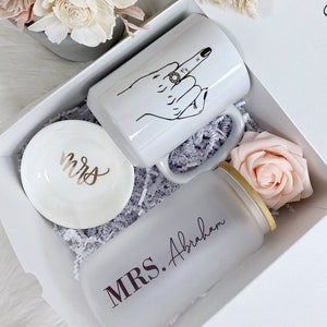 Bride ice coffee cup can glass Future mrs wedding ring finger mug- personalized bride gift box set - engagement gift idea- mrs ring dish