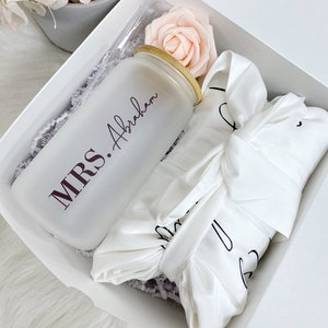 Bride gift box set- engagement gift idea- bride white satin robe coffee cup - gift for future Mrs box- wedding day bridal just engaged