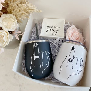 Couples ring finger gift set- wine tumbler set mr and mrs engagement gift box set- his and hers wifey and hubby wedding day gift idea-