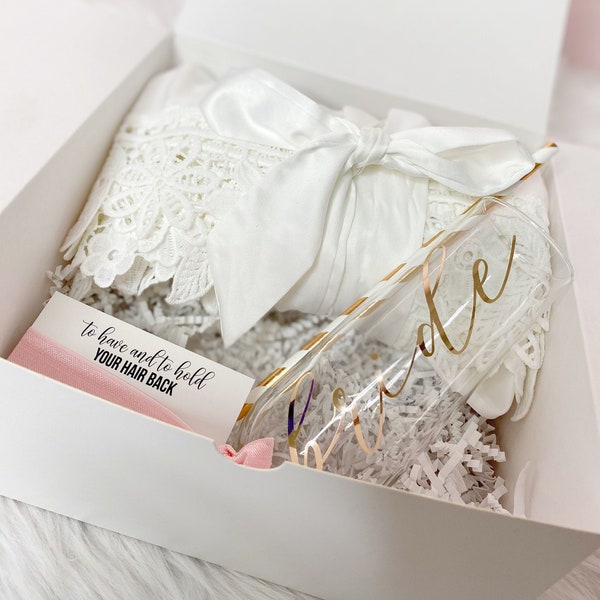 Bride gift box set- engagement gift idea- bride white silk robe champagne flute- gift for future Mrs- wedding day basket bridal just engaged