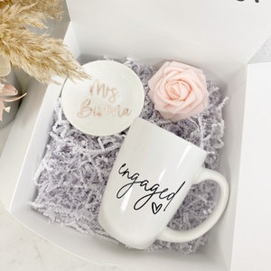 engaged mug- personalized bride gift box set - bride engagement gift box idea- future mrs ring dish- mrs ring dish bride makeup bag tote