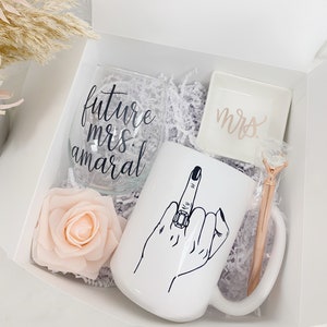 Future mrs mug wine glass- personalized bride engagement gift box- gift box for bride to be- future mrs ring dish- engaged idea FIANCEE