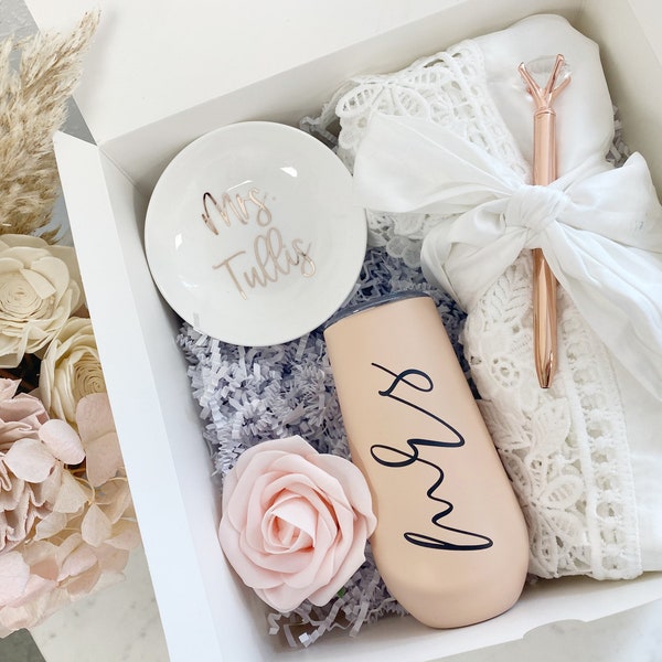 Bride gift box set- engagement gift idea- bride white satin robe tumbler - gift for future Mrs box- wedding day basket bridal just engaged