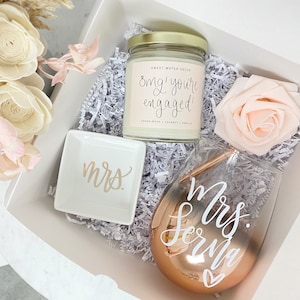 future mrs gift box- future bride to be gifts- rose gold ombre personalized wine glass for bridal shower gift box ring dish wedding candles