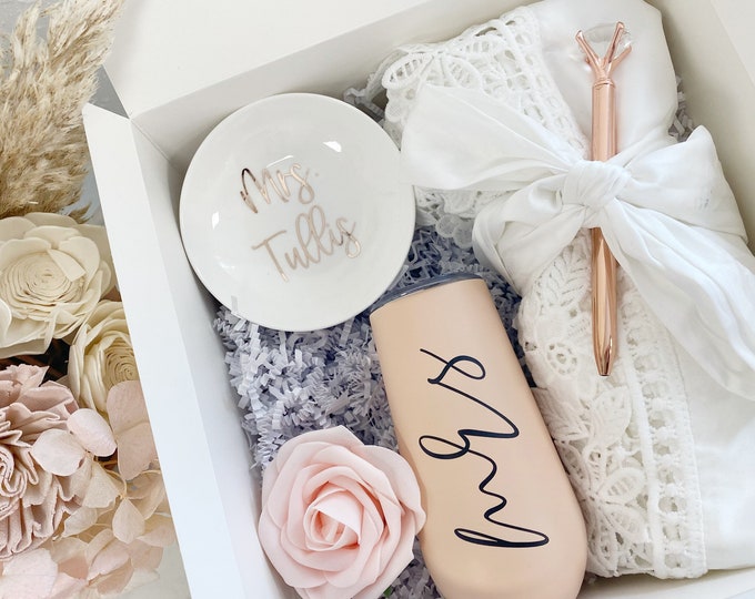 Featured listing image: Bride gift box set- engagement gift idea- bride white satin robe tumbler - gift for future Mrs box- wedding day basket bridal just engaged