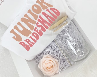 Junior bridesmaid proposal box- will you be my flower girl- jr bridesmaid wedding party retro shirt- personalized iced coffee glass can cup