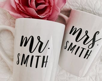 Mr and mrs mugs- engagement gift idea- wedding gift- mr and mrs mug set- personalized wedding mugs- bride and groom mugs- just married gift