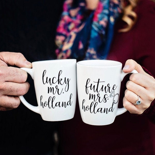 Future mrs lucky mr mug set- mr and mrs mugs- engagement mug gift for engaged couple- personalized engagement mrs mug- bride mug- engaged