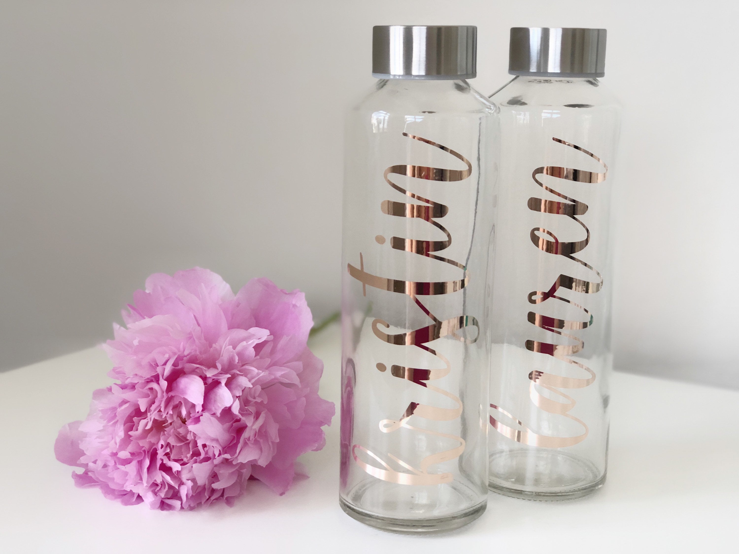 Rose gold Bridesmaid water bottles personalized glass water bottles