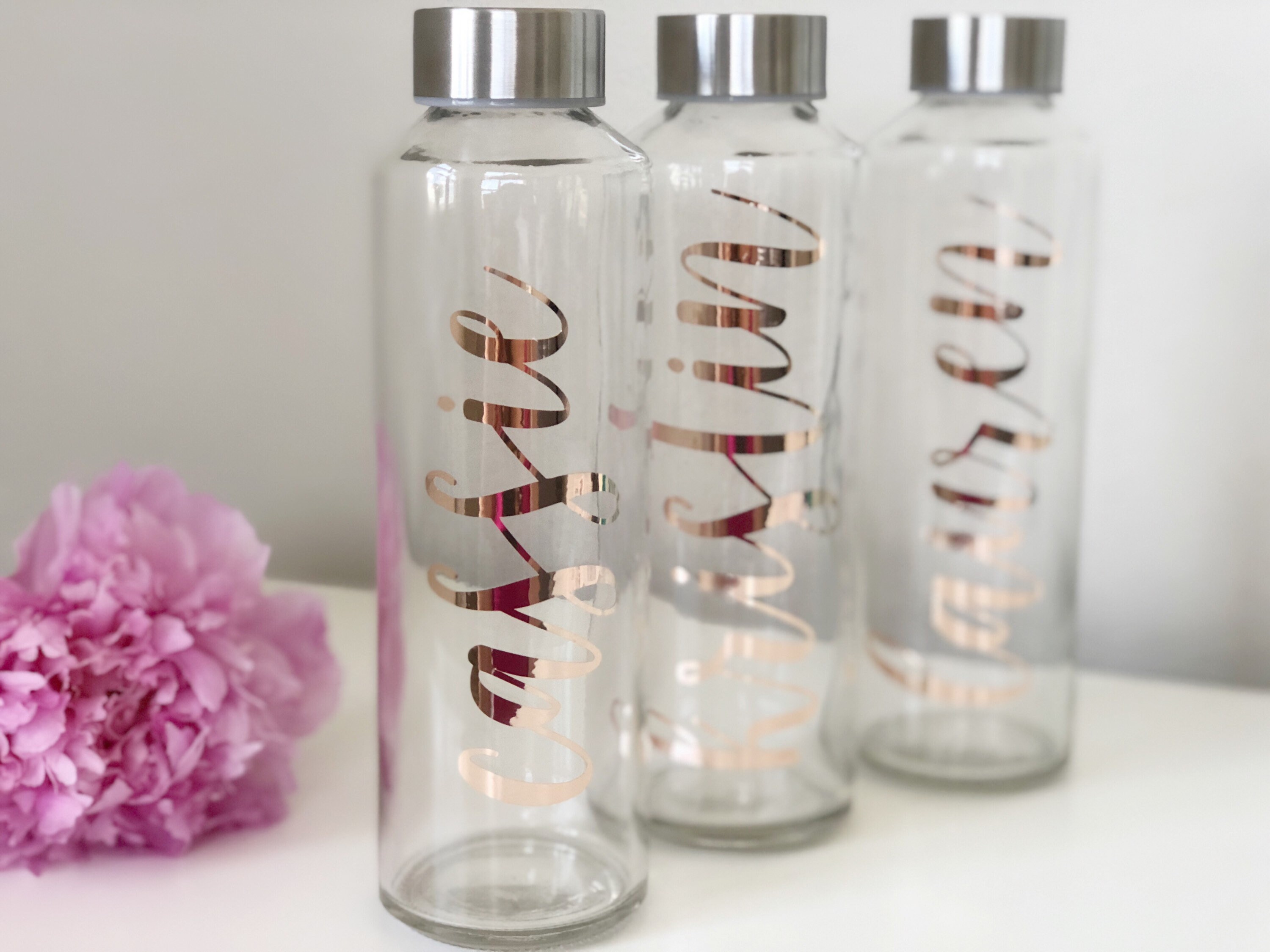 Rose gold Bridesmaid water bottles personalized glass water bottles bachelorette waterbottles