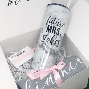 Future mrs stainless steel skinny tumbler gift box set for bride to be- engagement gift box set idea- fiance tank top shirt marble tumbler