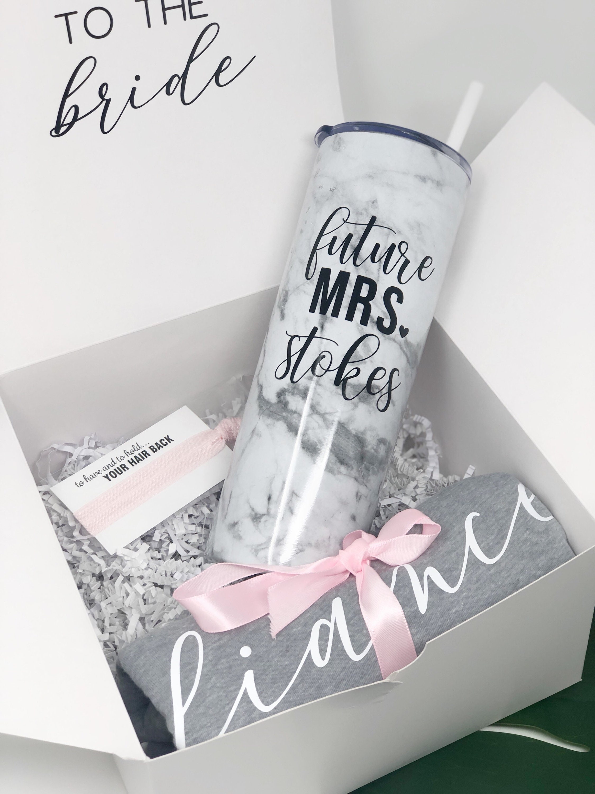 Future mrs stainless steel skinny tumbler gift box set for bride to be-  engagement gift box set idea- fiance tank top shirt marble tumbler