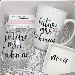 Future mrs mug wine glass- personalized bride mug - bride engagement gift box- gift box for bride to be- future mrs ring dish- engaged idea