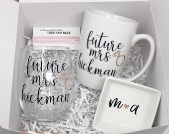 Future mrs mug wine glass- personalized bride mug - bride engagement gift box- gift box for bride to be- future mrs ring dish- engaged idea