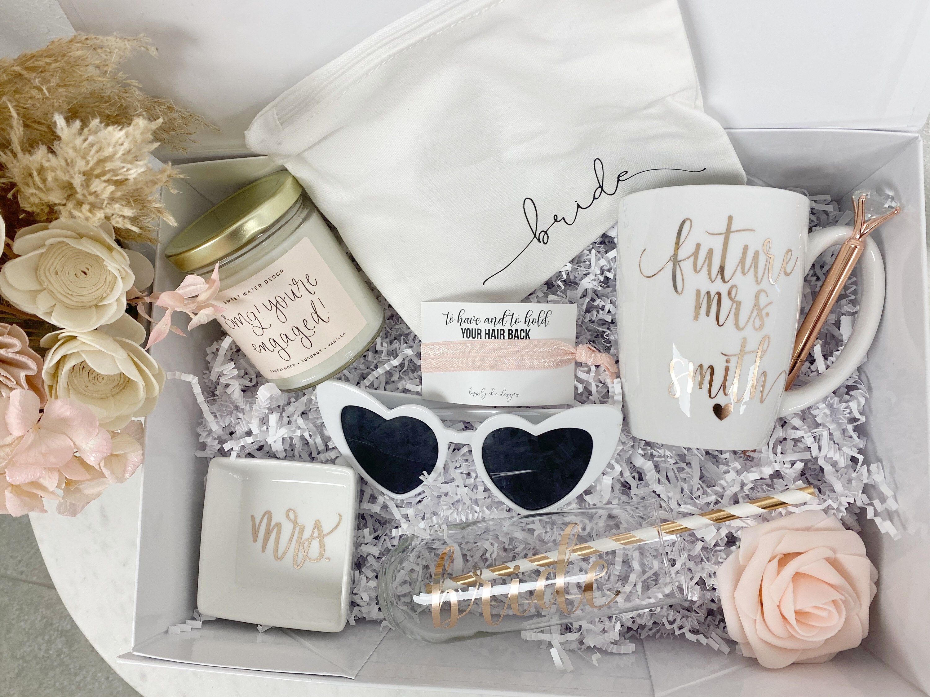 Future Mrs Gift Box Future Bride to Be Gifts Rose Gold Ombre Personalized  Wine Glass for Bridal Shower Gift Box Ring Dish Wedding Notebook 