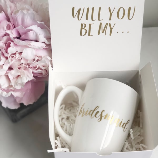 Bridesmaid proposal gift set - bridesmaid mug- will you be my bridesmaid mug- gold bridesmaid coffee mugs- bridesmaid proposal box gift set