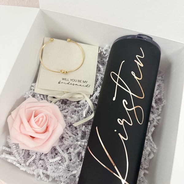 Bridesmaid proposal gift box set- bridesmaid skinny tumbler with straw- maid of honor proposal- personalized tie tying the knot bracelet