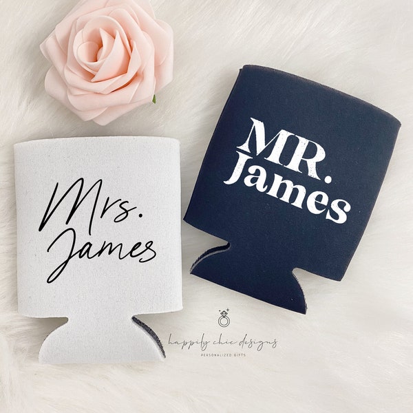 personalized Mr and mrs beer can coolers- honeymoon beer holder- wedding gifts for the couple- personalized can coolers for couples