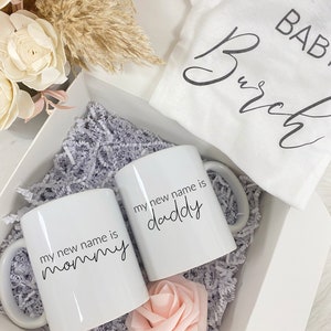 My new name is Mama papa mommy daddy mugs new mom dad parents expecting parents gift box baby announcement gender reveal pregnancy onesi image 2