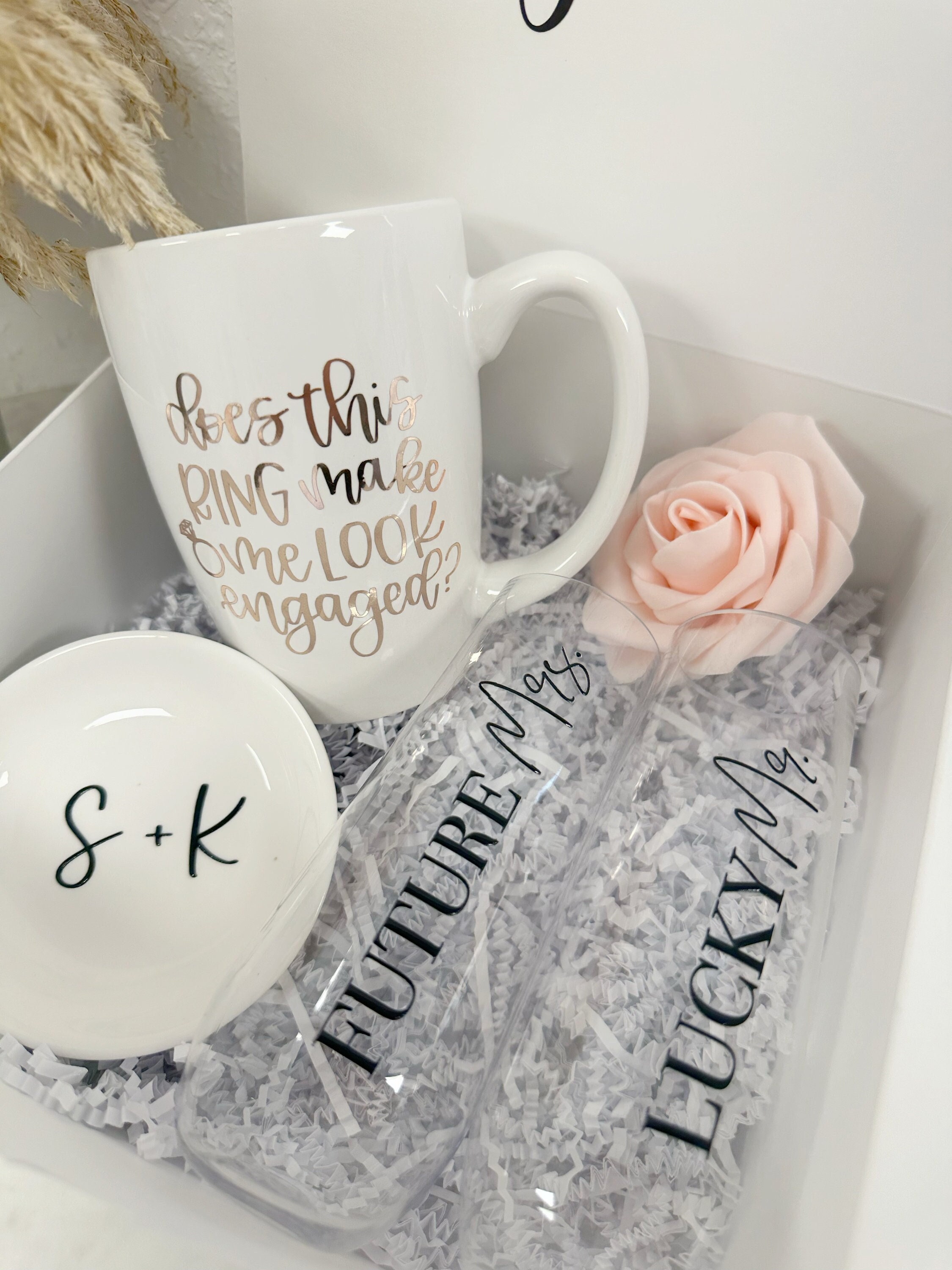 Future mrs. lucky mr engagement gift box set for couple mr and mrs does this ring make me champagne flutes ring dish gift set for bride