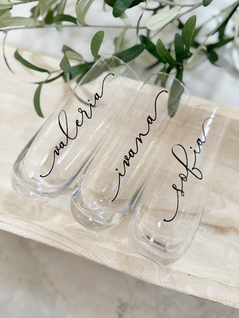 Bridesmaid champagne flutes personalized champagne glasses stemless champagne flutes for bridal party gifts for bridesmaid proposal idea image 4