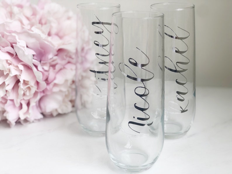 Silver bridesmaid champagne flutes personalized champagne glass gift for bridesmaid bridesmaid proposal champagne flute stemless image 5